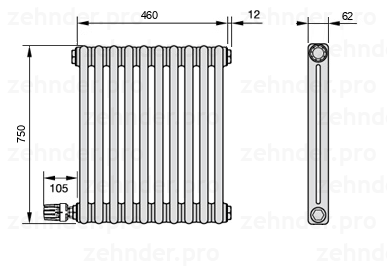 Схема (чертеж) Радиатор Zehnder Charleston 2075/10 №V003 Белый глянцевый RAL 9016